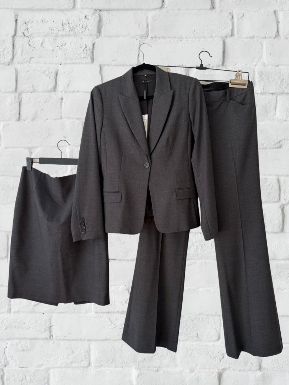 Elie Tahari 3-Piece Charcoal Gray Virgin Wool Suit Set Blazer 10 Pants Skirt 8